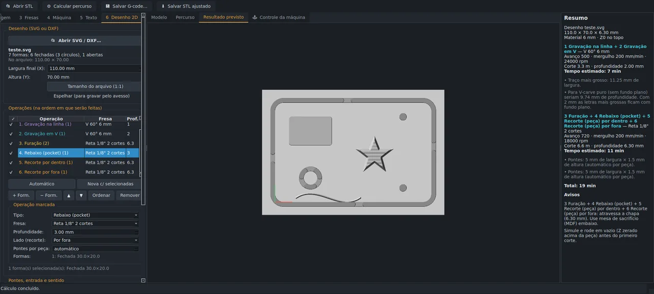 Desenho 2D com percursos no Entalhe CAM